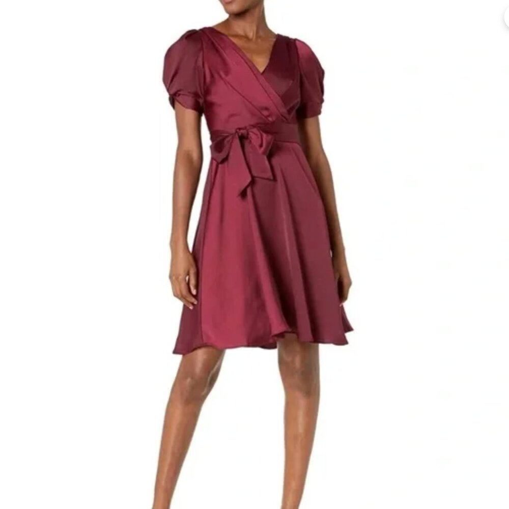 DKNY Maroon Satin Pouf Sleeve Surplice Neckline Tie Evening Dress